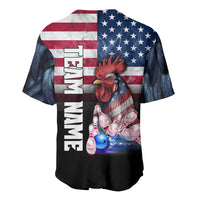 Custom Bowling Rooster Baseball Jersey with Striking Pins and American Flag Feather Pattern - Wonder Print Shop