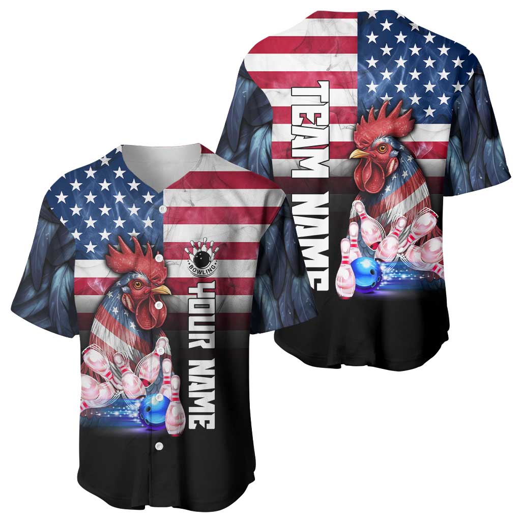 Custom Bowling Rooster Baseball Jersey with Striking Pins and American Flag Feather Pattern - Wonder Print Shop