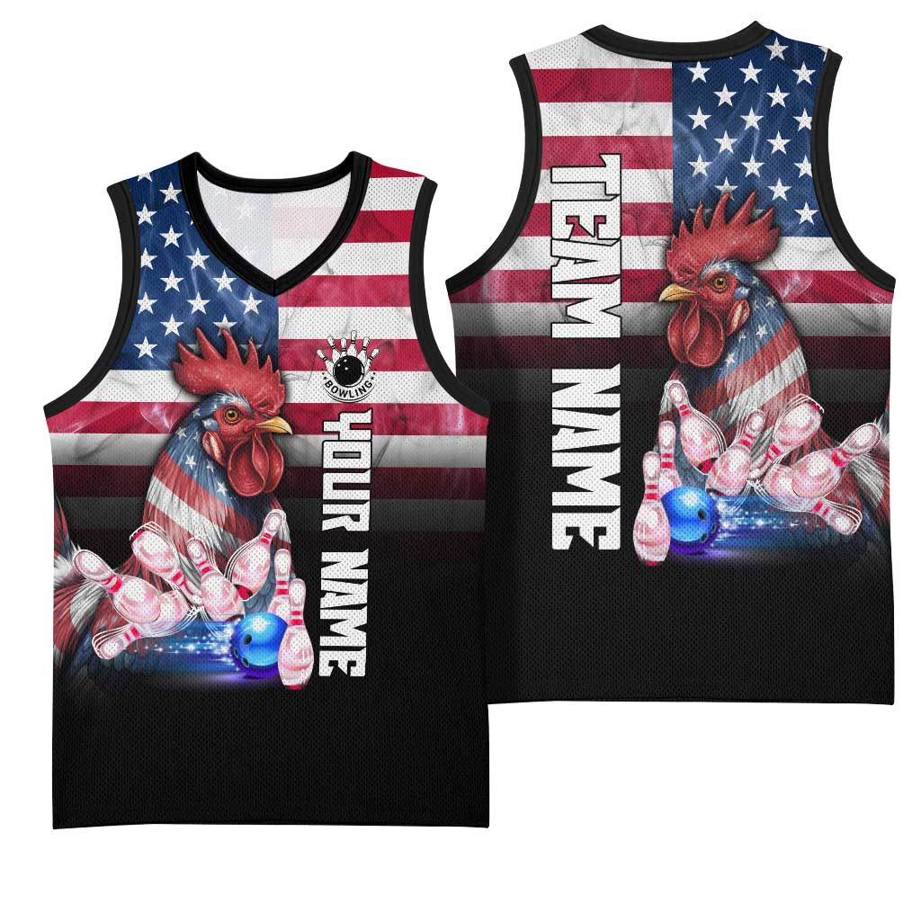 Custom Bowling Rooster Basketball Jersey with Striking Pins and American Flag Feather Pattern - Wonder Print Shop