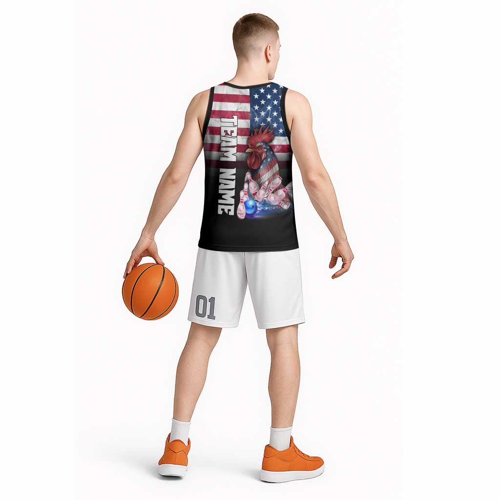 Custom Bowling Rooster Basketball Jersey with Striking Pins and American Flag Feather Pattern - Wonder Print Shop