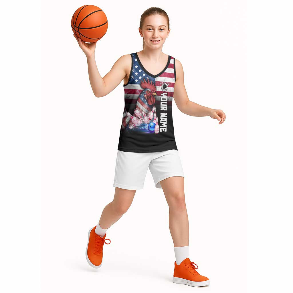 Custom Bowling Rooster Basketball Jersey with Striking Pins and American Flag Feather Pattern - Wonder Print Shop