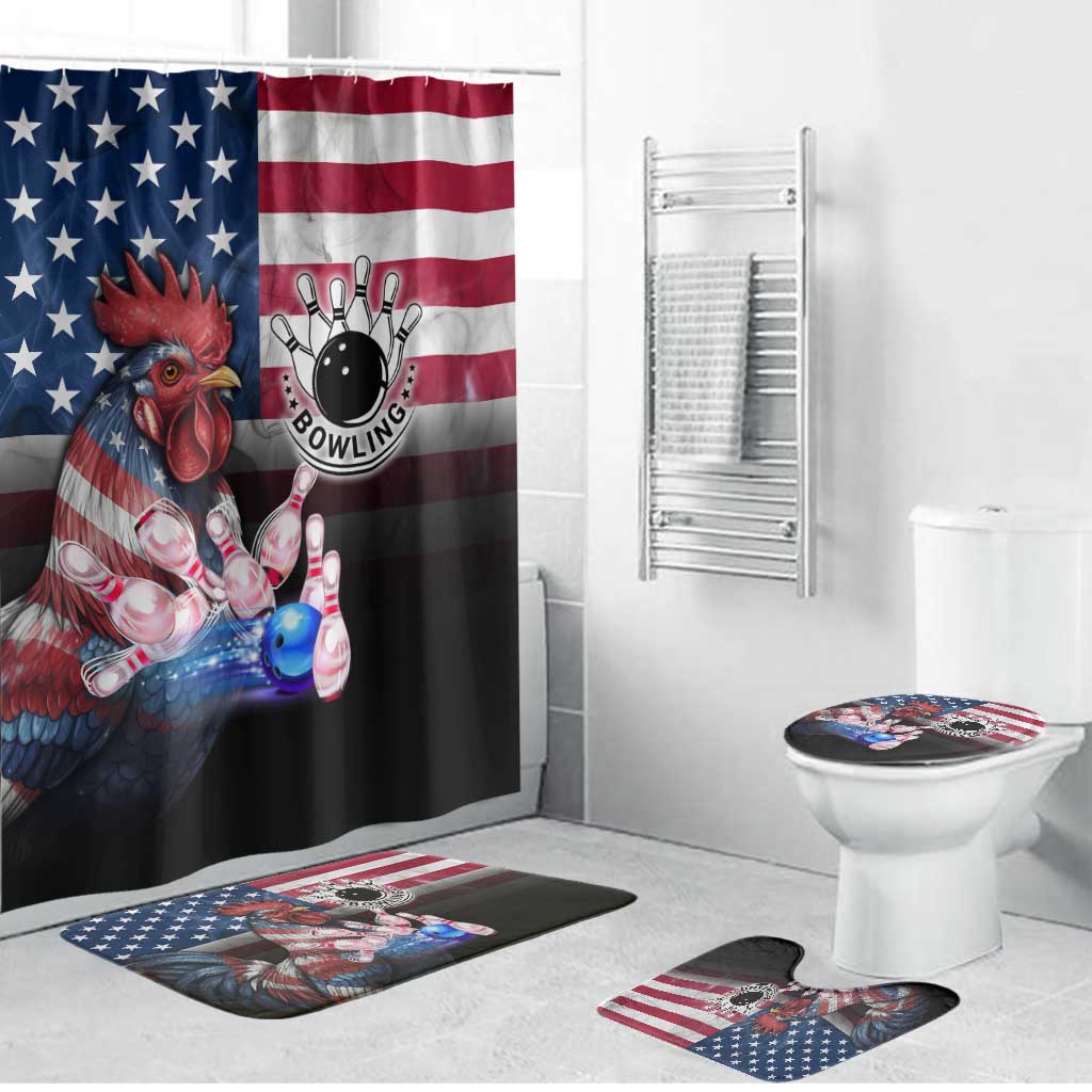 Bowling Rooster Bathroom Set with Striking Pins and American Flag Feather Pattern - Wonder Print Shop