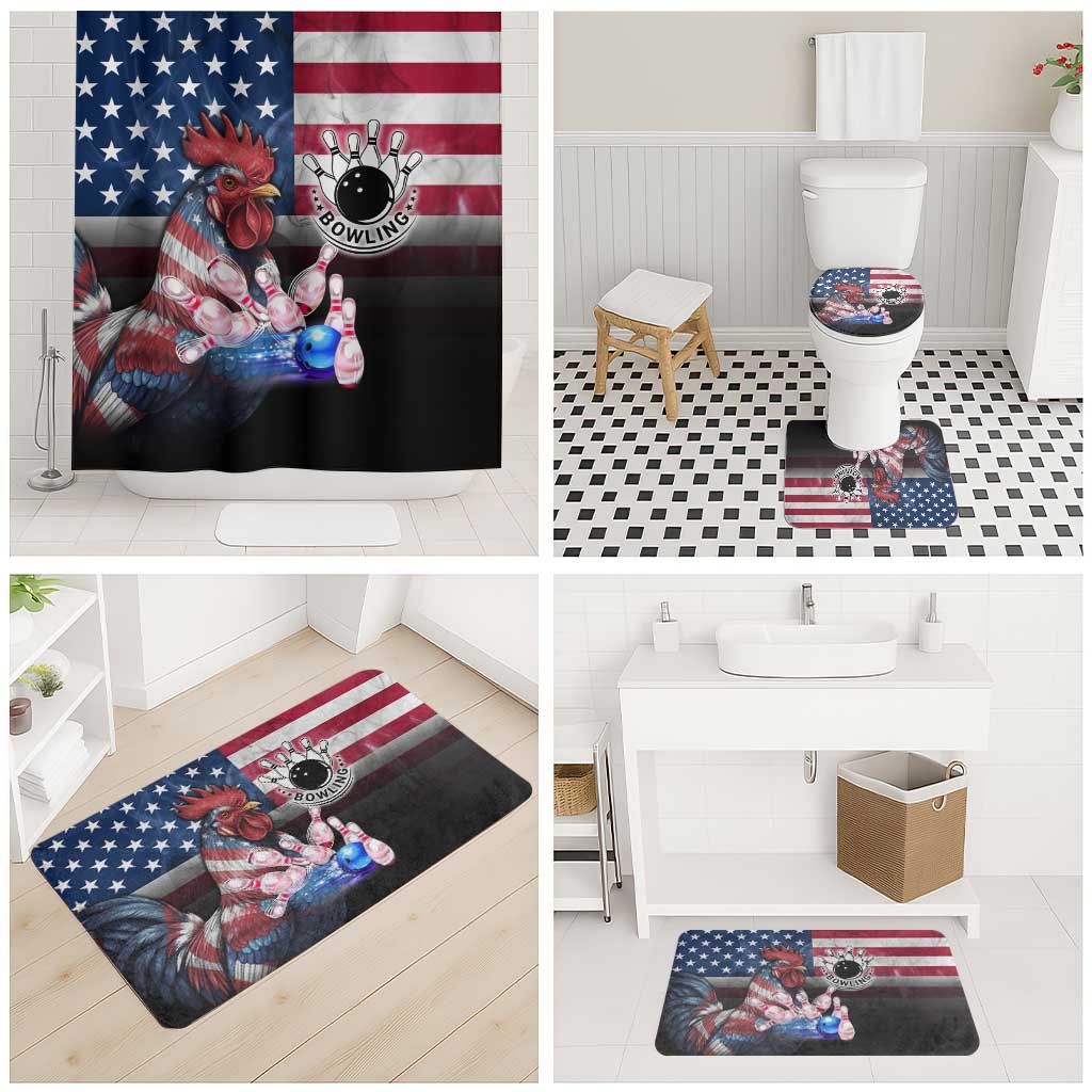 Bowling Rooster Bathroom Set with Striking Pins and American Flag Feather Pattern - Wonder Print Shop