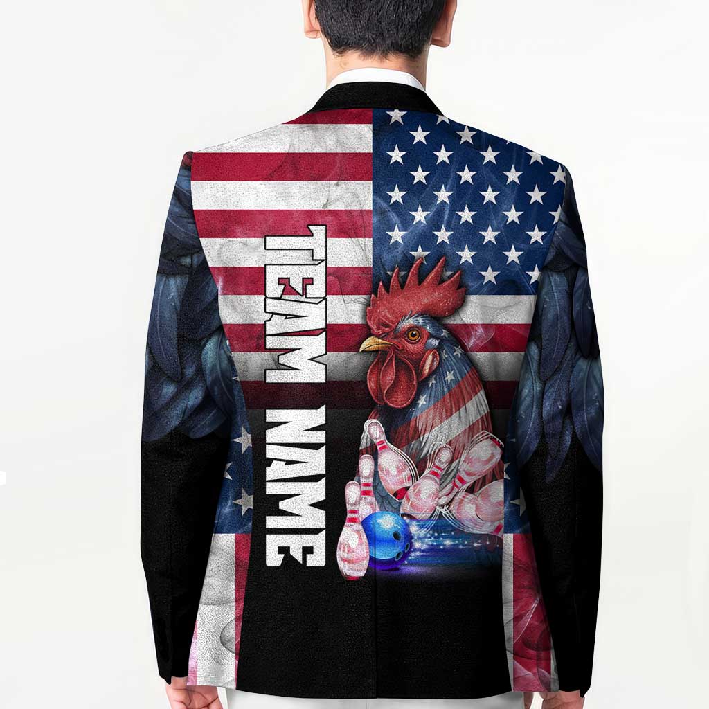 Custom Bowling Rooster Blazer with Striking Pins and American Flag Feather Pattern - Wonder Print Shop