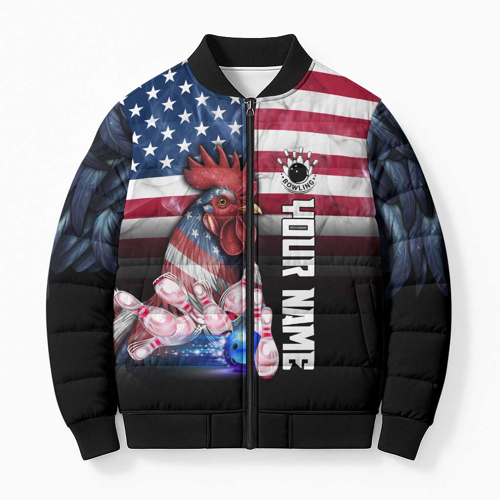 Custom Bowling Rooster Bomber Puffer Jacket with Striking Pins and American Flag Feather Pattern - Wonder Print Shop