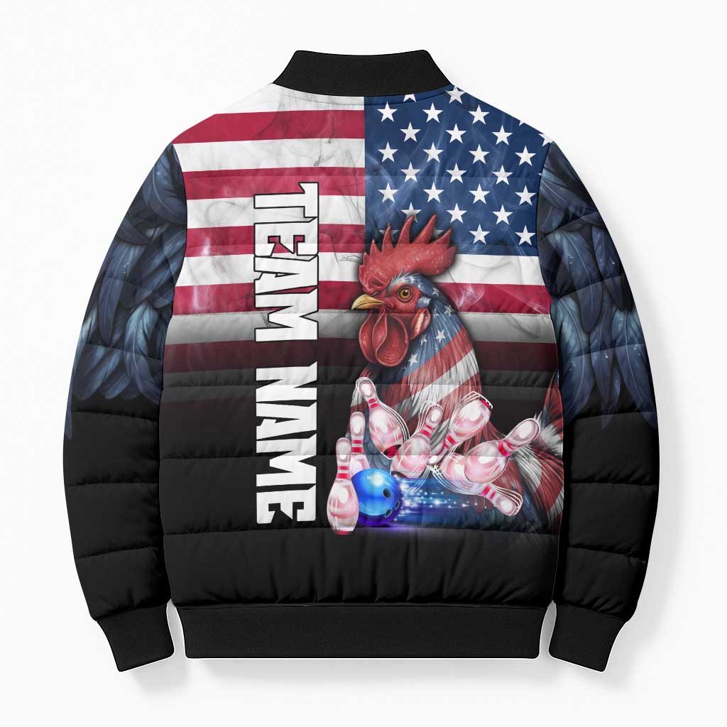 Custom Bowling Rooster Bomber Puffer Jacket with Striking Pins and American Flag Feather Pattern - Wonder Print Shop