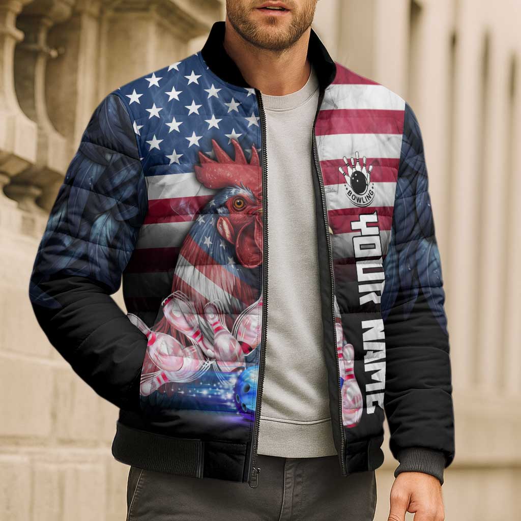Custom Bowling Rooster Bomber Puffer Jacket with Striking Pins and American Flag Feather Pattern - Wonder Print Shop