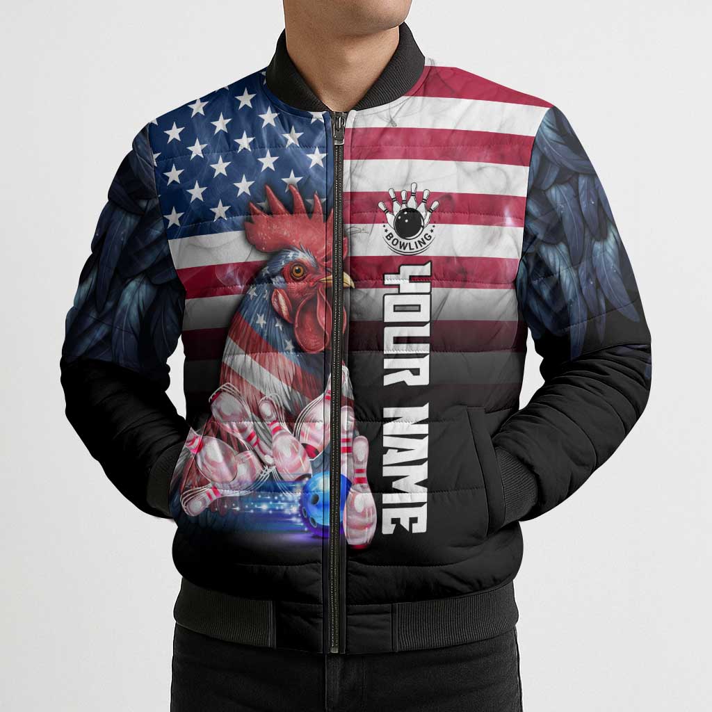 Custom Bowling Rooster Bomber Puffer Jacket with Striking Pins and American Flag Feather Pattern - Wonder Print Shop