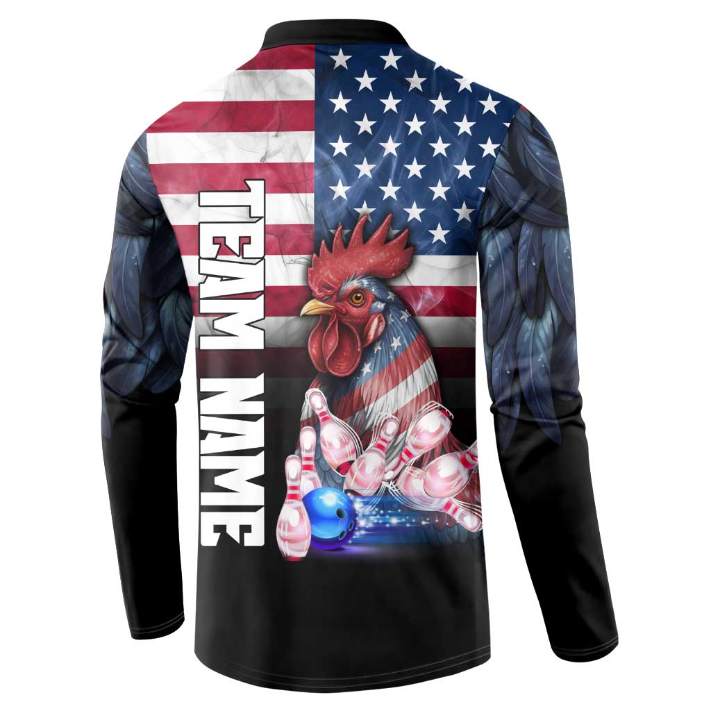 Custom Bowling Rooster Button Sweatshirt with Striking Pins and American Flag Feather Pattern - Wonder Print Shop