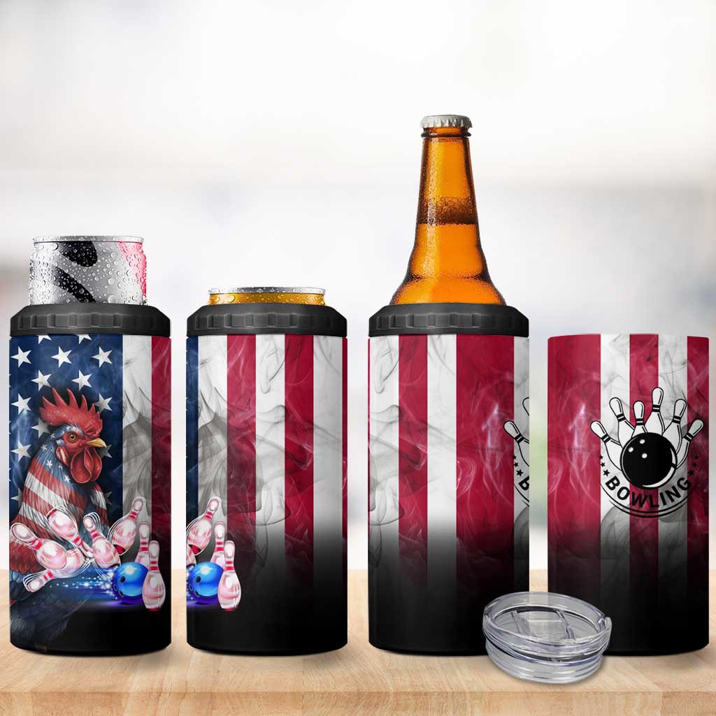 Bowling Rooster 4 in 1 Can Cooler Tumbler with Striking Pins and American Flag Feather Pattern - Wonder Print Shop