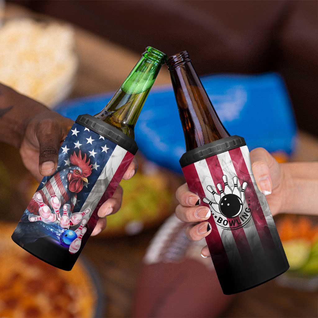 Bowling Rooster 4 in 1 Can Cooler Tumbler with Striking Pins and American Flag Feather Pattern - Wonder Print Shop