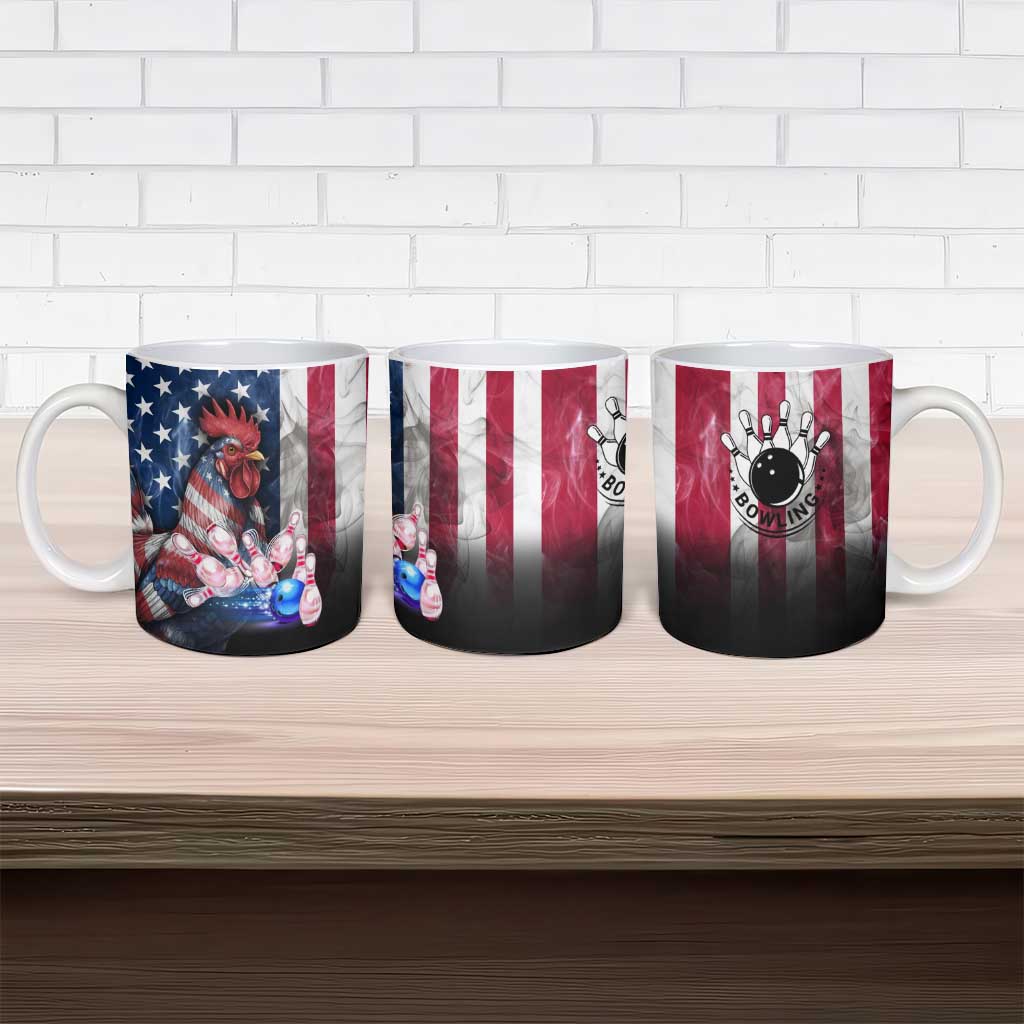 Bowling Rooster Ceramic Mug with Striking Pins and American Flag Feather Pattern - Wonder Print Shop