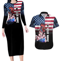 Custom Bowling Rooster Couples Matching Long Sleeve Bodycon Dress and Hawaiian Shirt with Striking Pins and American Flag Feather Pattern - Wonder Print Shop