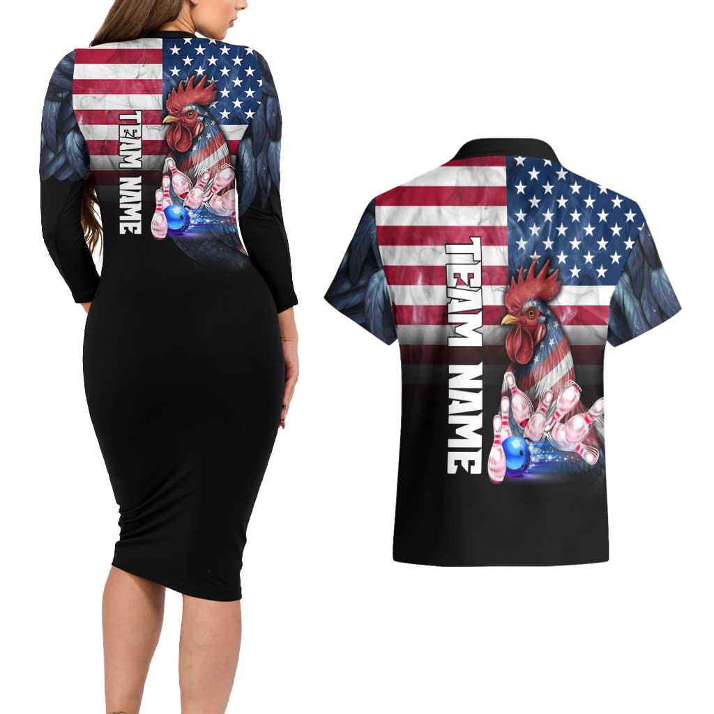 Custom Bowling Rooster Couples Matching Long Sleeve Bodycon Dress and Hawaiian Shirt with Striking Pins and American Flag Feather Pattern - Wonder Print Shop