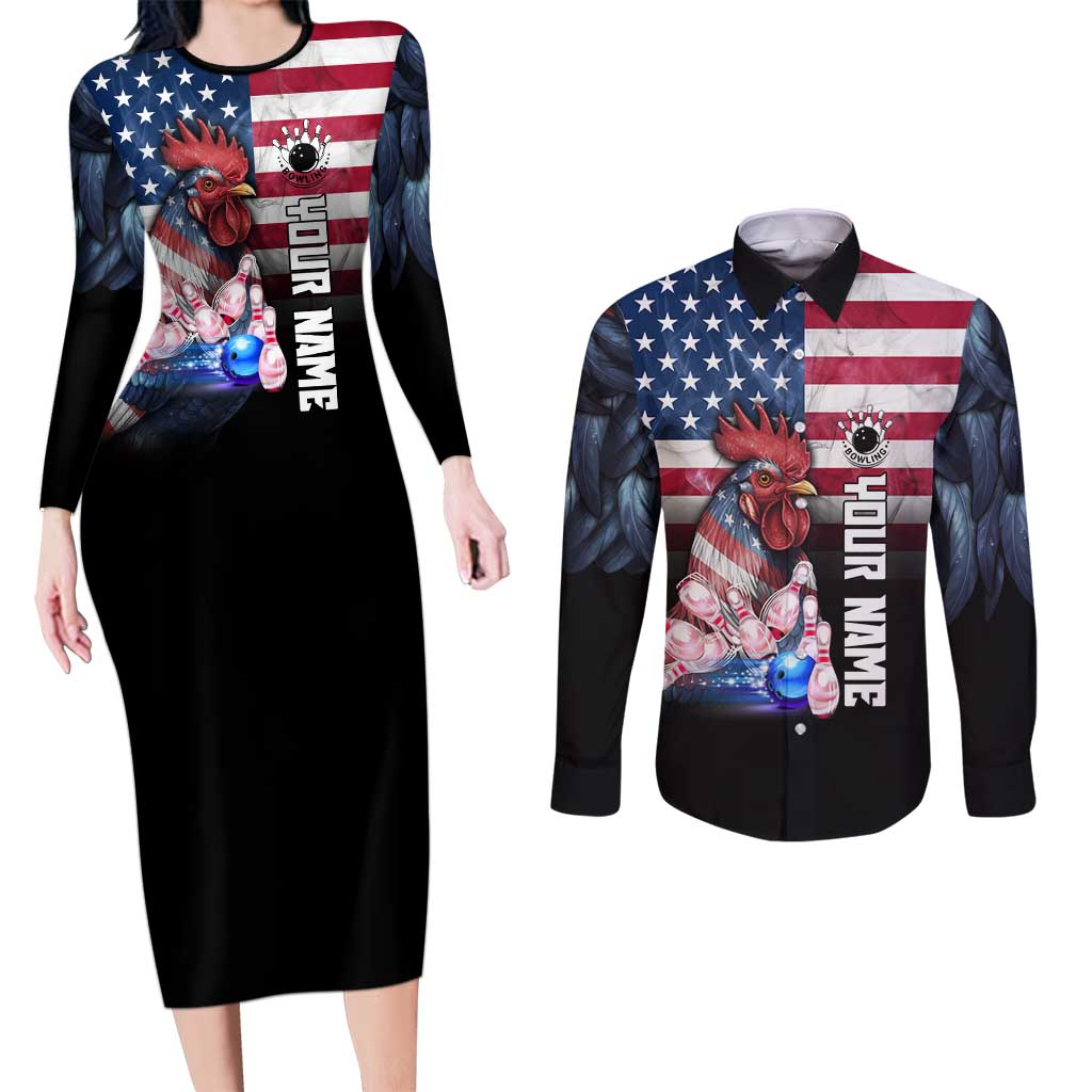 Custom Bowling Rooster Couples Matching Long Sleeve Bodycon Dress and Long Sleeve Button Shirt with Striking Pins and American Flag Feather Pattern - Wonder Print Shop