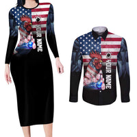 Custom Bowling Rooster Couples Matching Long Sleeve Bodycon Dress and Long Sleeve Button Shirt with Striking Pins and American Flag Feather Pattern - Wonder Print Shop