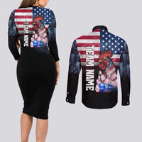 Custom Bowling Rooster Couples Matching Long Sleeve Bodycon Dress and Long Sleeve Button Shirt with Striking Pins and American Flag Feather Pattern - Wonder Print Shop