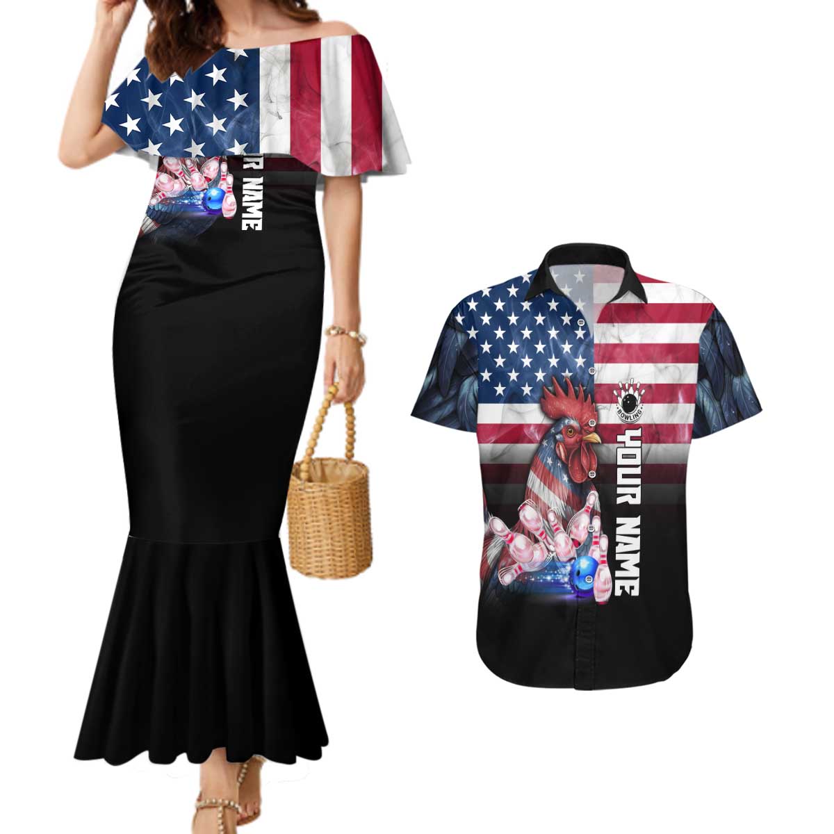 Custom Bowling Rooster Couples Matching Mermaid Dress and Hawaiian Shirt with Striking Pins and American Flag Feather Pattern - Wonder Print Shop