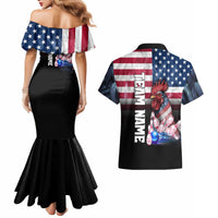 Custom Bowling Rooster Couples Matching Mermaid Dress and Hawaiian Shirt with Striking Pins and American Flag Feather Pattern - Wonder Print Shop