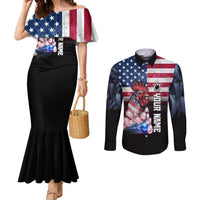 Custom Bowling Rooster Couples Matching Mermaid Dress and Long Sleeve Button Shirt with Striking Pins and American Flag Feather Pattern - Wonder Print Shop