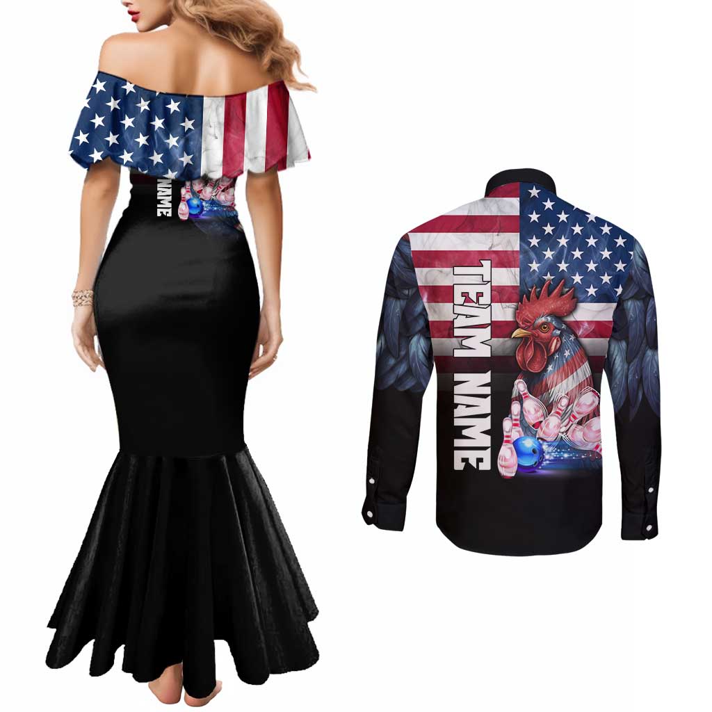 Custom Bowling Rooster Couples Matching Mermaid Dress and Long Sleeve Button Shirt with Striking Pins and American Flag Feather Pattern - Wonder Print Shop