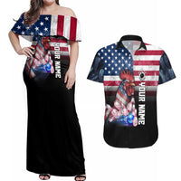 Custom Bowling Rooster Couples Matching Off Shoulder Maxi Dress and Hawaiian Shirt with Striking Pins and American Flag Feather Pattern - Wonder Print Shop