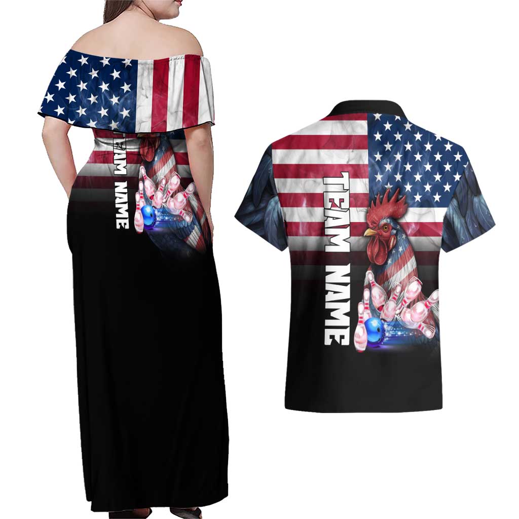 Custom Bowling Rooster Couples Matching Off Shoulder Maxi Dress and Hawaiian Shirt with Striking Pins and American Flag Feather Pattern - Wonder Print Shop