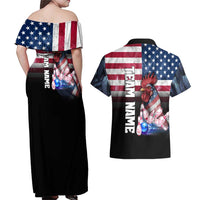 Custom Bowling Rooster Couples Matching Off Shoulder Maxi Dress and Hawaiian Shirt with Striking Pins and American Flag Feather Pattern - Wonder Print Shop