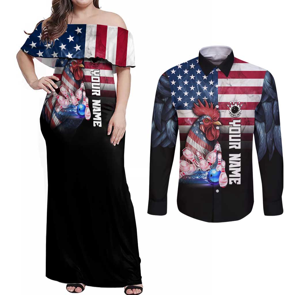 Custom Bowling Rooster Couples Matching Off Shoulder Maxi Dress and Long Sleeve Button Shirt with Striking Pins and American Flag Feather Pattern - Wonder Print Shop