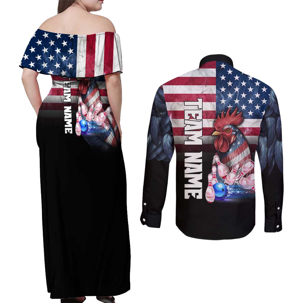 Custom Bowling Rooster Couples Matching Off Shoulder Maxi Dress and Long Sleeve Button Shirt with Striking Pins and American Flag Feather Pattern - Wonder Print Shop