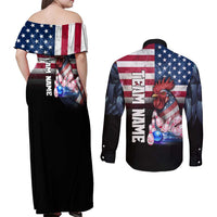 Custom Bowling Rooster Couples Matching Off Shoulder Maxi Dress and Long Sleeve Button Shirt with Striking Pins and American Flag Feather Pattern - Wonder Print Shop