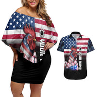Custom Bowling Rooster Couples Matching Off Shoulder Short Dress and Hawaiian Shirt with Striking Pins and American Flag Feather Pattern - Wonder Print Shop