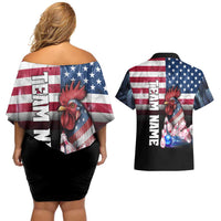 Custom Bowling Rooster Couples Matching Off Shoulder Short Dress and Hawaiian Shirt with Striking Pins and American Flag Feather Pattern - Wonder Print Shop