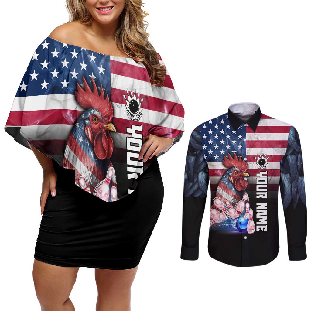 Custom Bowling Rooster Couples Matching Off Shoulder Short Dress and Long Sleeve Button Shirt with Striking Pins and American Flag Feather Pattern - Wonder Print Shop