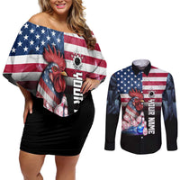 Custom Bowling Rooster Couples Matching Off Shoulder Short Dress and Long Sleeve Button Shirt with Striking Pins and American Flag Feather Pattern - Wonder Print Shop