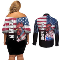 Custom Bowling Rooster Couples Matching Off Shoulder Short Dress and Long Sleeve Button Shirt with Striking Pins and American Flag Feather Pattern - Wonder Print Shop
