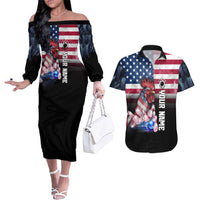 Custom Bowling Rooster Couples Matching Off The Shoulder Long Sleeve Dress and Hawaiian Shirt with Striking Pins and American Flag Feather Pattern - Wonder Print Shop