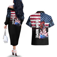 Custom Bowling Rooster Couples Matching Off The Shoulder Long Sleeve Dress and Hawaiian Shirt with Striking Pins and American Flag Feather Pattern - Wonder Print Shop