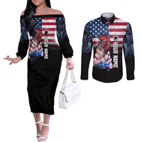 Custom Bowling Rooster Couples Matching Off The Shoulder Long Sleeve Dress and Long Sleeve Button Shirt with Striking Pins and American Flag Feather Pattern - Wonder Print Shop