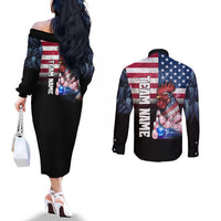 Custom Bowling Rooster Couples Matching Off The Shoulder Long Sleeve Dress and Long Sleeve Button Shirt with Striking Pins and American Flag Feather Pattern - Wonder Print Shop