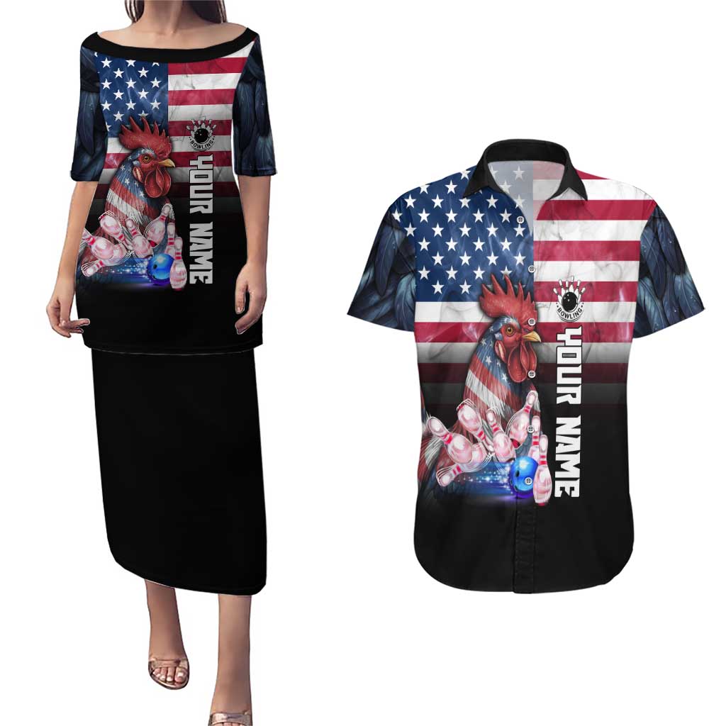 Custom Bowling Rooster Couples Matching Puletasi and Hawaiian Shirt with Striking Pins and American Flag Feather Pattern - Wonder Print Shop