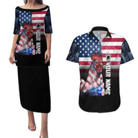 Custom Bowling Rooster Couples Matching Puletasi and Hawaiian Shirt with Striking Pins and American Flag Feather Pattern - Wonder Print Shop
