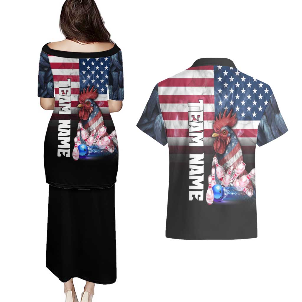 Custom Bowling Rooster Couples Matching Puletasi and Hawaiian Shirt with Striking Pins and American Flag Feather Pattern - Wonder Print Shop