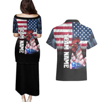 Custom Bowling Rooster Couples Matching Puletasi and Hawaiian Shirt with Striking Pins and American Flag Feather Pattern - Wonder Print Shop