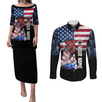 Custom Bowling Rooster Couples Matching Puletasi and Long Sleeve Button Shirt with Striking Pins and American Flag Feather Pattern - Wonder Print Shop
