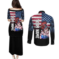 Custom Bowling Rooster Couples Matching Puletasi and Long Sleeve Button Shirt with Striking Pins and American Flag Feather Pattern - Wonder Print Shop