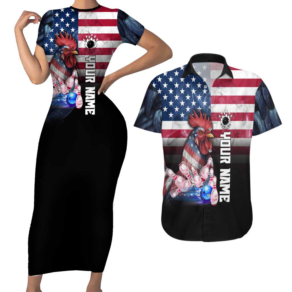 Custom Bowling Rooster Couples Matching Short Sleeve Bodycon Dress and Hawaiian Shirt with Striking Pins and American Flag Feather Pattern - Wonder Print Shop