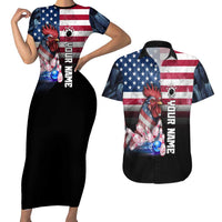 Custom Bowling Rooster Couples Matching Short Sleeve Bodycon Dress and Hawaiian Shirt with Striking Pins and American Flag Feather Pattern - Wonder Print Shop