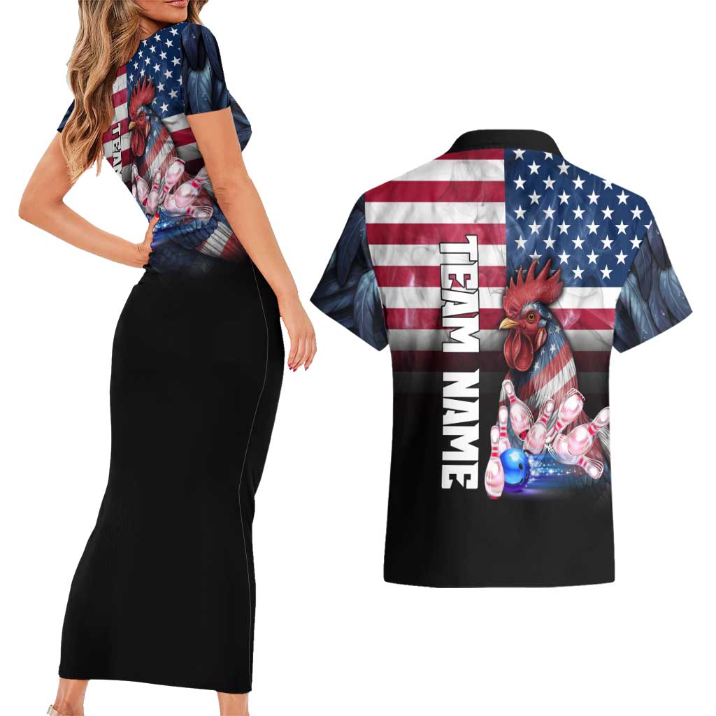 Custom Bowling Rooster Couples Matching Short Sleeve Bodycon Dress and Hawaiian Shirt with Striking Pins and American Flag Feather Pattern - Wonder Print Shop