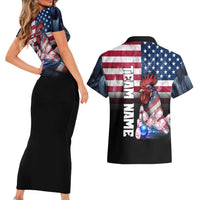 Custom Bowling Rooster Couples Matching Short Sleeve Bodycon Dress and Hawaiian Shirt with Striking Pins and American Flag Feather Pattern - Wonder Print Shop
